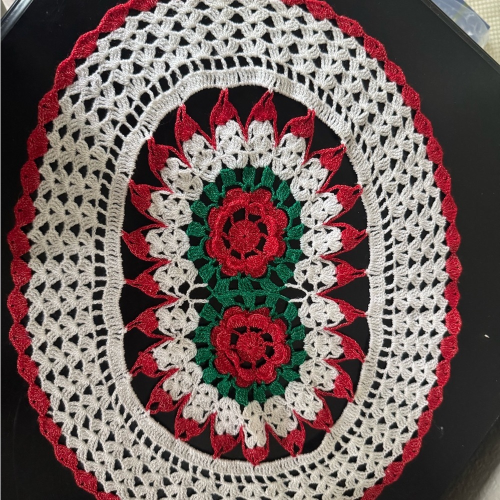 Handmade Crochet Doily in Red, Green, and White